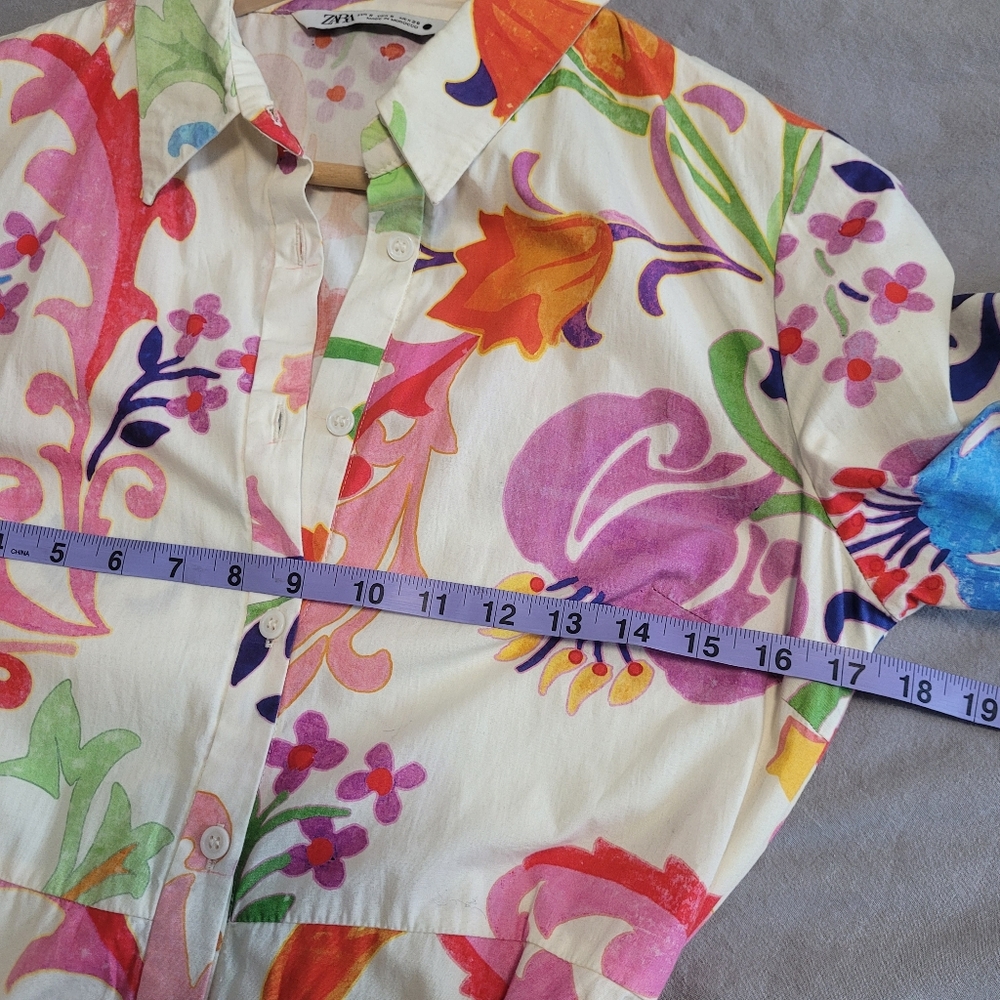 Zara Floral Midi Shirt Dress Long Sleeve Size S Tie Belt Watercolor Flowers - Picture 10 of 14